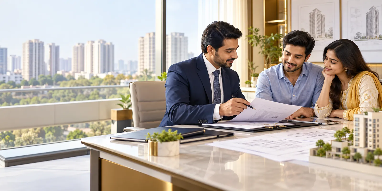 Indian real-estate consultant explaining project documents to homebuyers