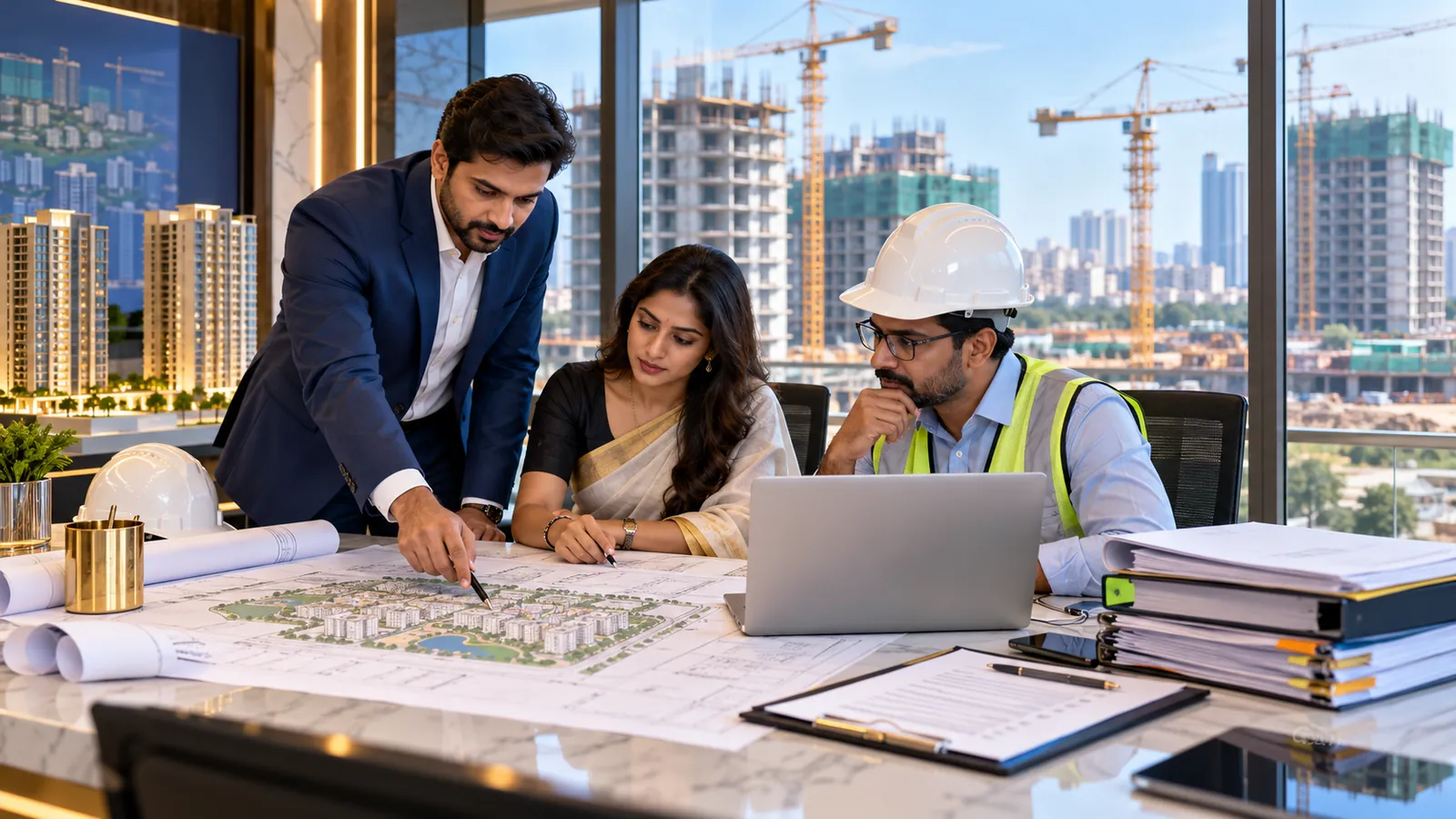 Indian project team reviewing development plans and registration records